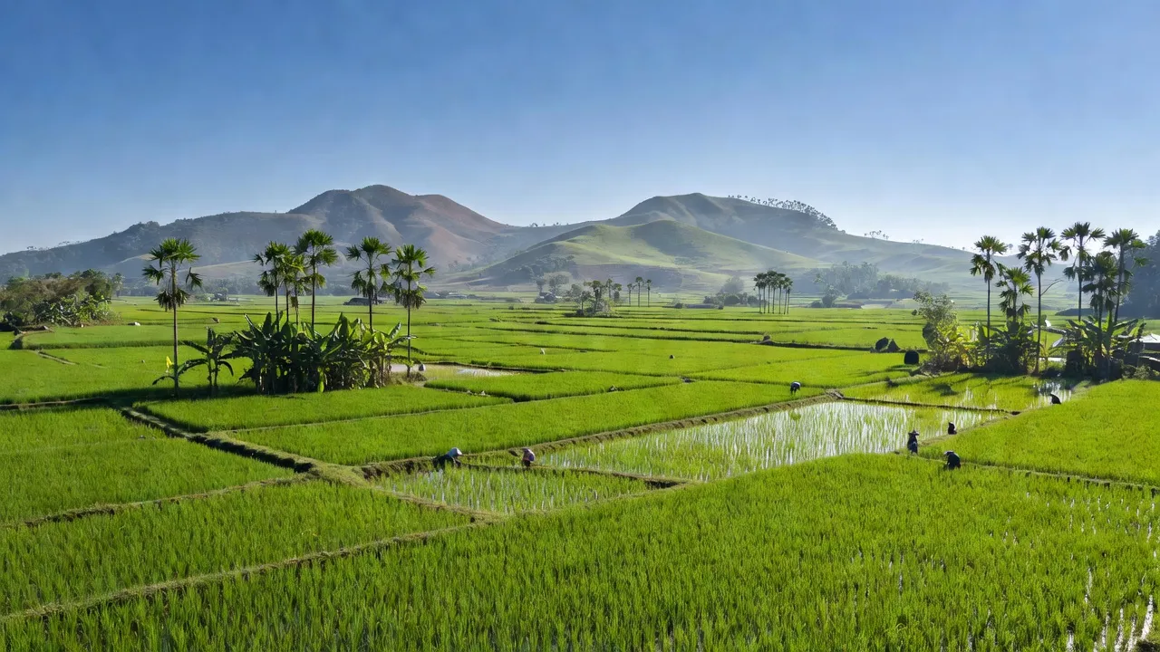 Cảnh nông thôn Chư Pơng, huyện Chư Sê, Gia Lai với đồng ruộng xanh và bầu trời trong xanh.