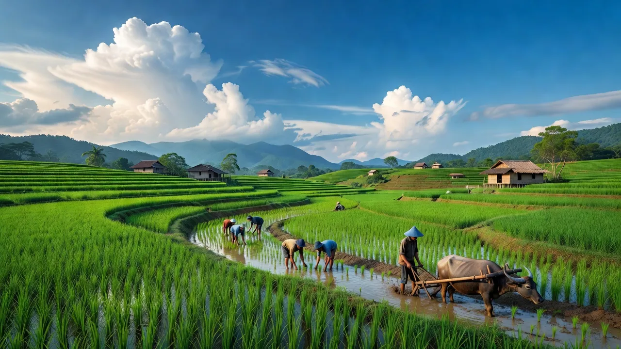 Toàn cảnh xã Chư Pơng, huyện Chư Sê, tỉnh Gia Lai với đồng ruộng xanh tươi và bầu trời trong xanh.