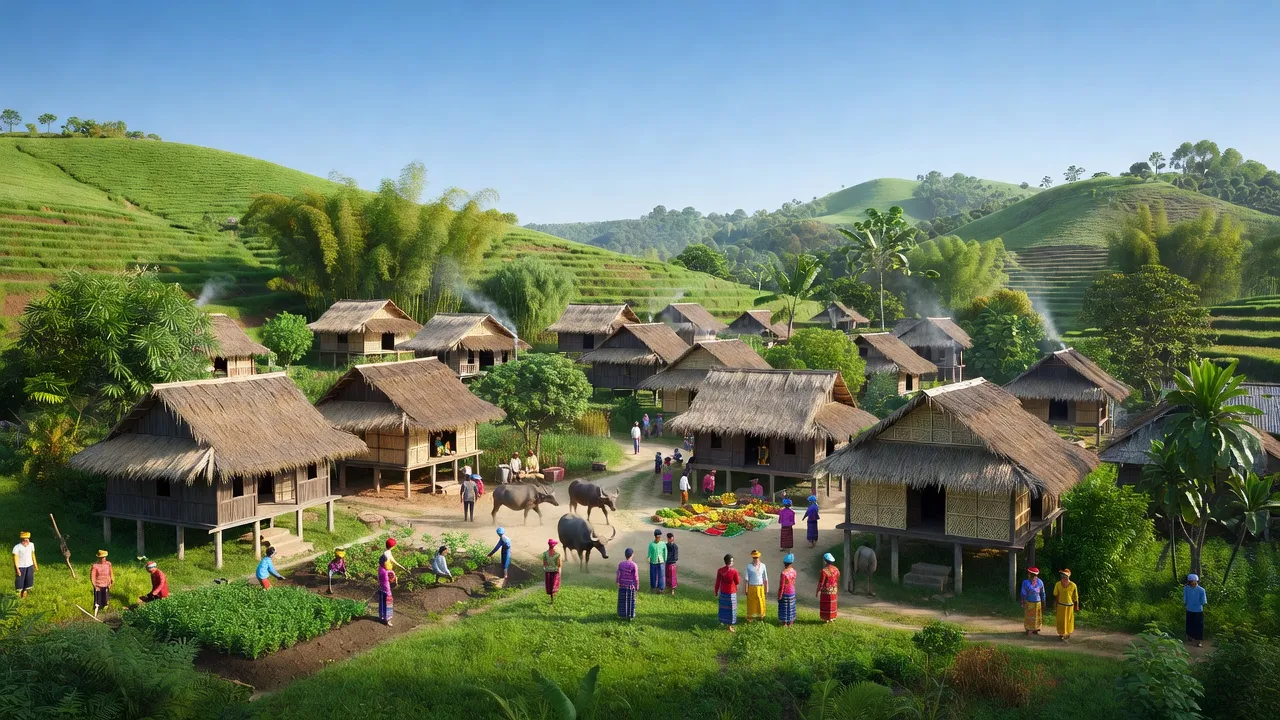Khung cảnh đẹp của xã Dun, huyện Chư Sê, tỉnh Gia Lai, với nhà cửa và thiên nhiên tươi đẹp.