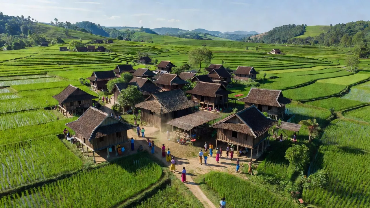 Tổng quan xã Ia Blang, huyện Chư Sê, Gia Lai với cánh đồng xanh và nhà sàn truyền thống.