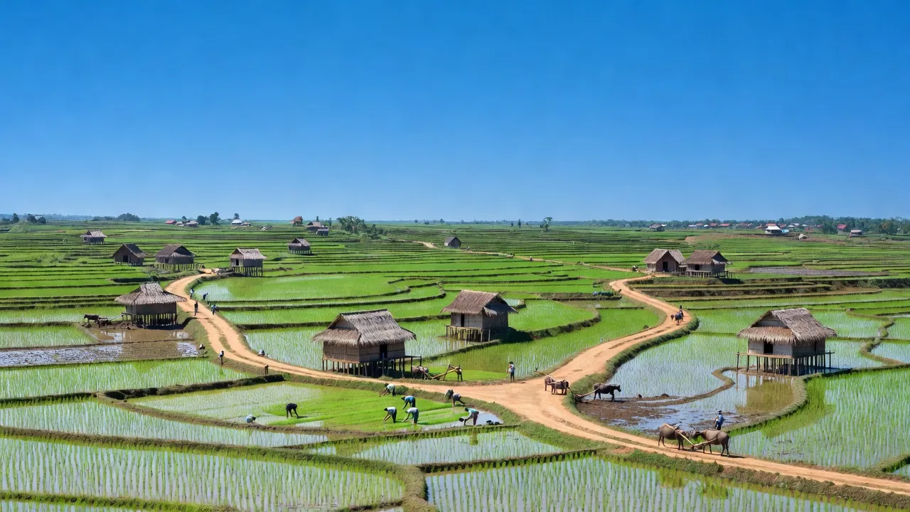 Cảnh quan tuyệt đẹp tại xã Ia HLốp, huyện Chư Sê, tỉnh Gia Lai, với ruộng xanh và nhà truyền thống.