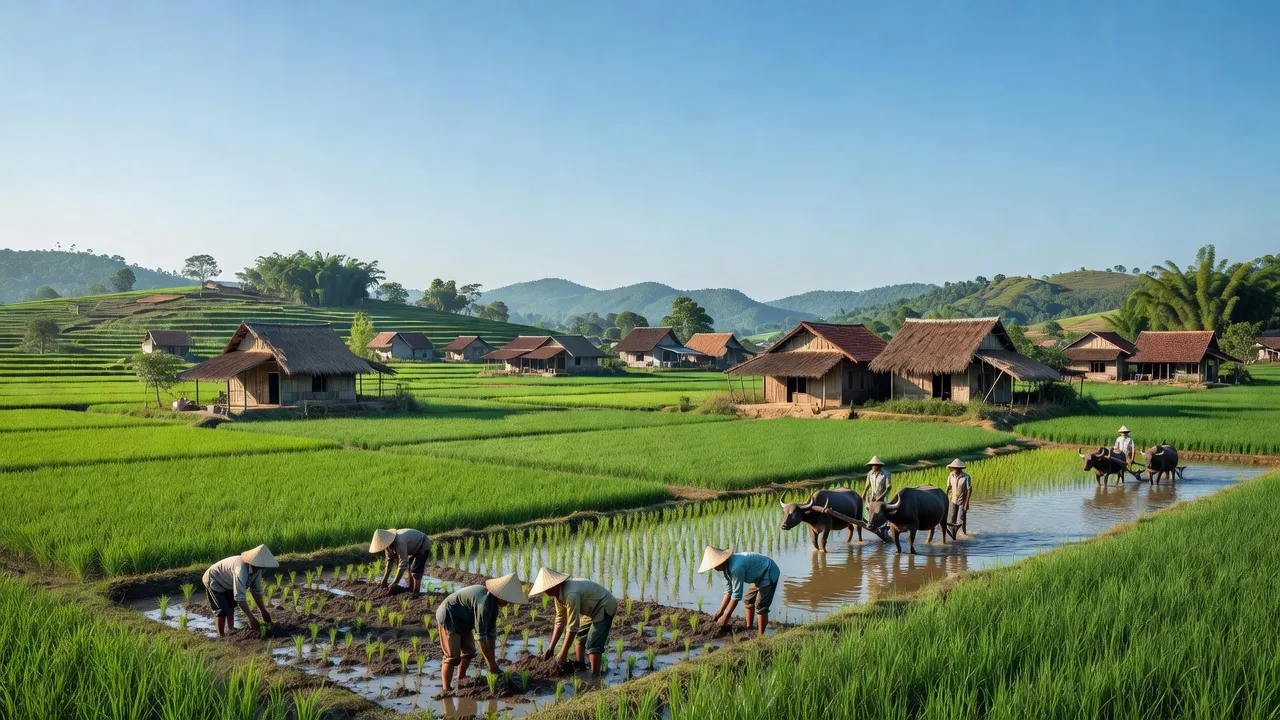 Cảnh đẹp xã Ia Ko, huyện Chư Sê, tỉnh Gia Lai với cánh đồng xanh và nhà truyền thống.