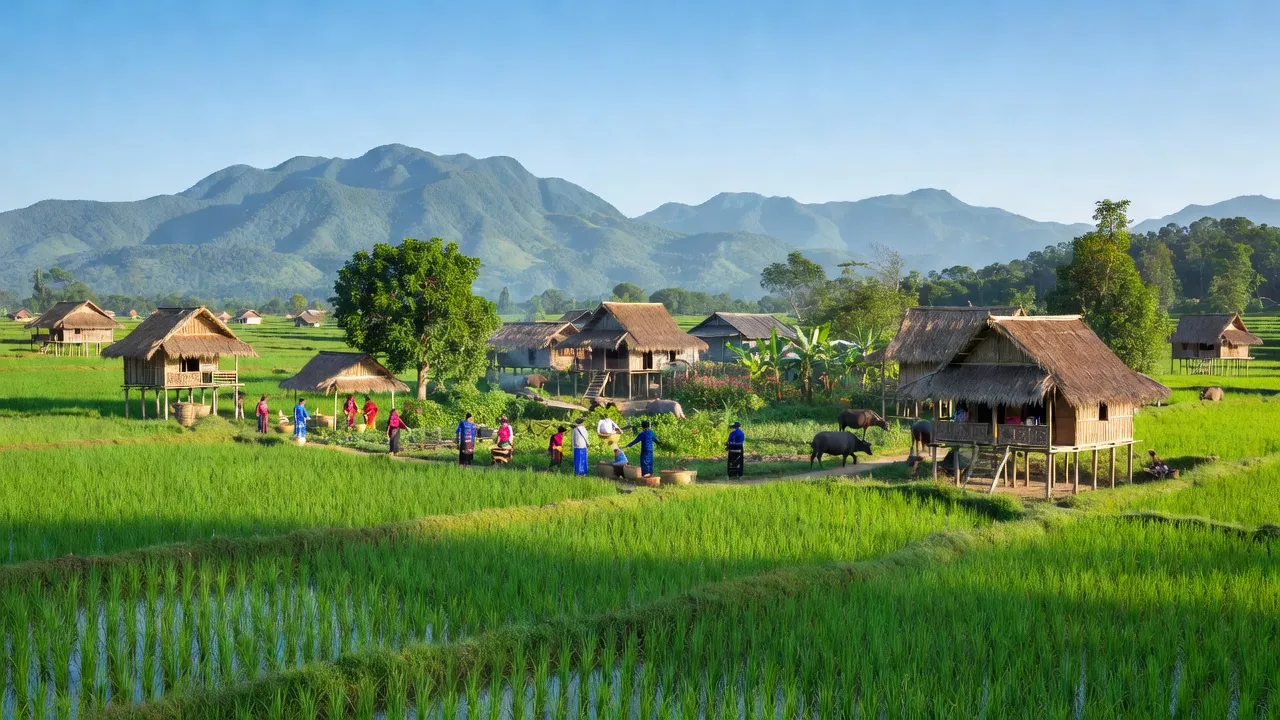 Xã Ia Ko, Huyện Chư Sê, Tỉnh Gia Lai với đồng ruộng xanh và nhà truyền thống.