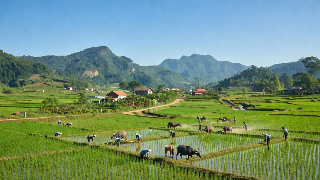 Cảnh đẹp xã Ia Pal, huyện Chư Sê, tỉnh Gia Lai với cánh đồng xanh và núi non nổi bật.