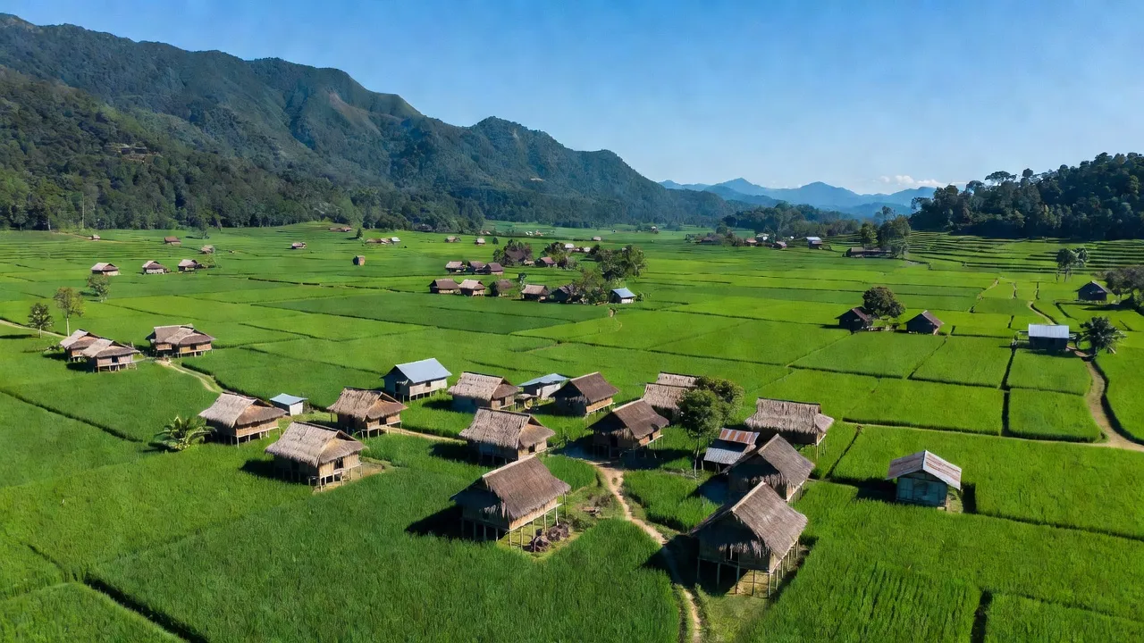Toàn cảnh xã Ia Pal huyện Chư Sê tỉnh Gia Lai, với cánh đồng xanh tươi và nhà truyền thống.