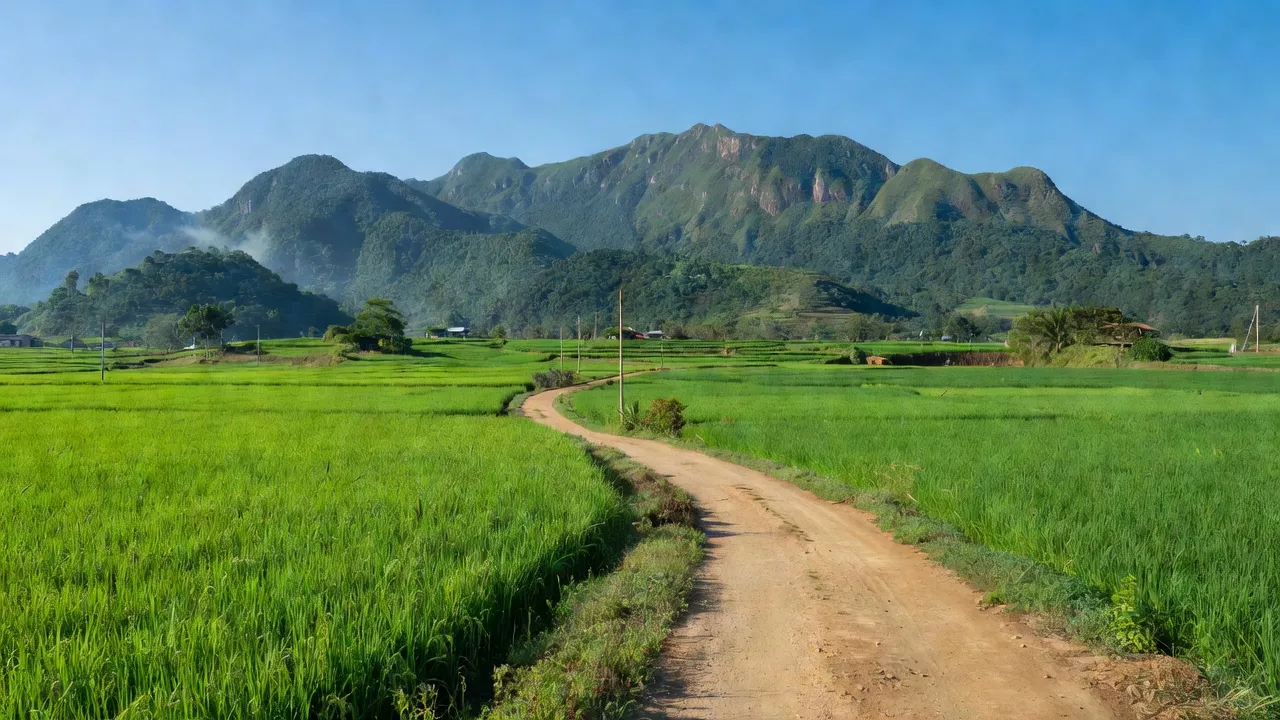 Cảnh sắc xã Ia Tiêm, huyện Chư Sê, tỉnh Gia Lai, với cánh đồng xanh và núi non hùng vĩ.