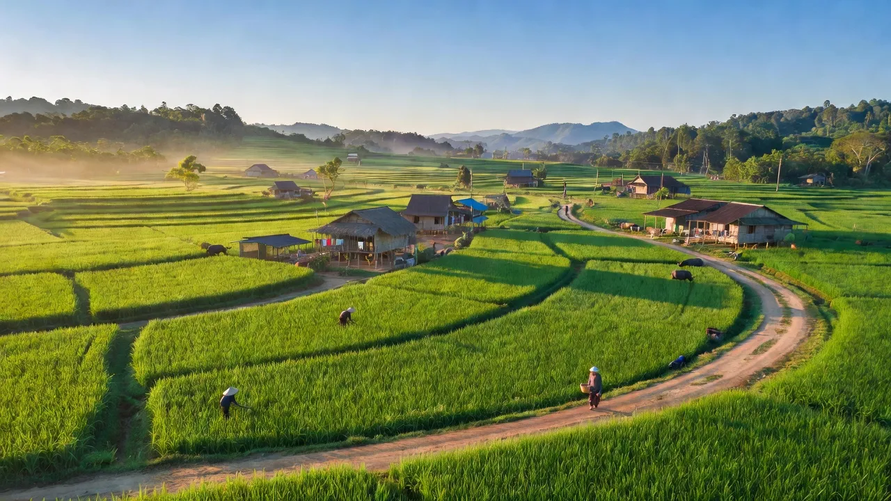 Khung cảnh yên bình xã Ia Tiêm, huyện Chư Sê với cánh đồng xanh và đường nông thôn, Gia Lai.