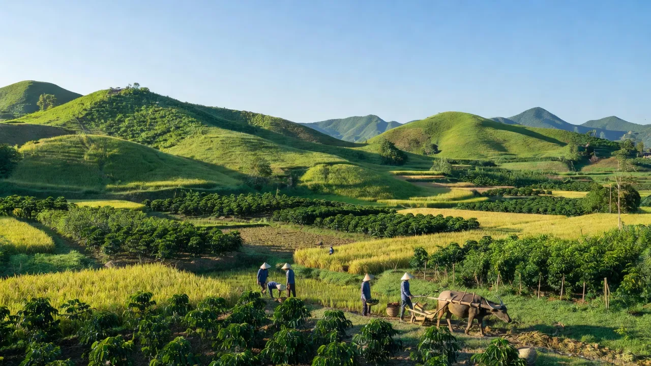 Cảnh quan yên bình tại xã Kông HTok, huyện Chư Sê, tỉnh Gia Lai với đồi núi và cây trồng.