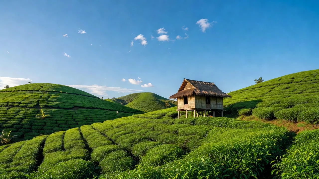 Khung cảnh Đăk Đoa, tỉnh Gia Lai với đồi chè và nhà sàn Bahnar, thể hiện văn hóa và thiên nhiên.