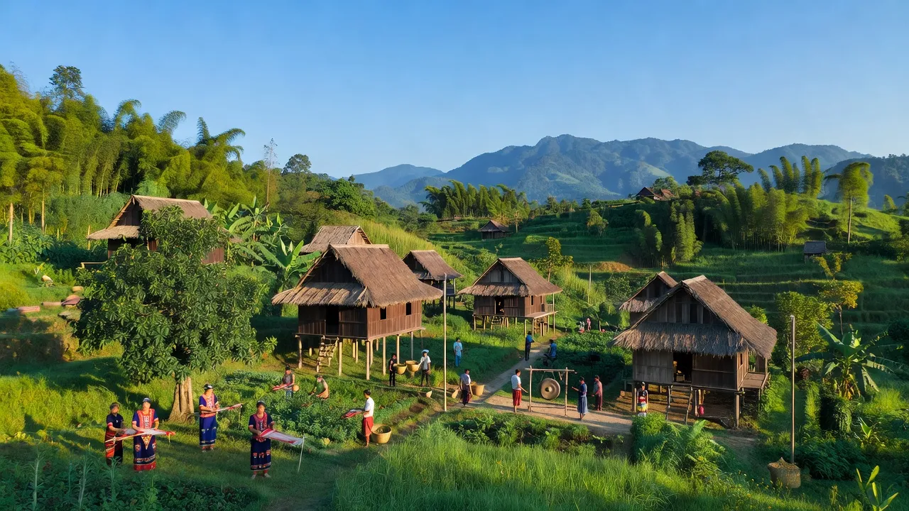 Cảnh đẹp Xã A Dơk, huyện Đăk Đoa, tỉnh Gia Lai với nhà truyền thống và cảnh thiên nhiên tươi đẹp.