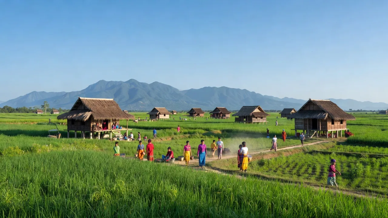Khung cảnh xã A Dơk, huyện Đăk Đoa, tỉnh Gia Lai với nhà truyền thống và cánh đồng xanh.