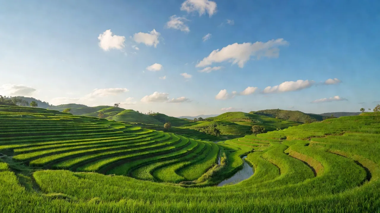 Đồng ruộng bậc thang và đồi núi tại xã Đăk Sơmei, huyện Đăk Đoa, tỉnh Gia Lai. Green terraced fields and hills.
