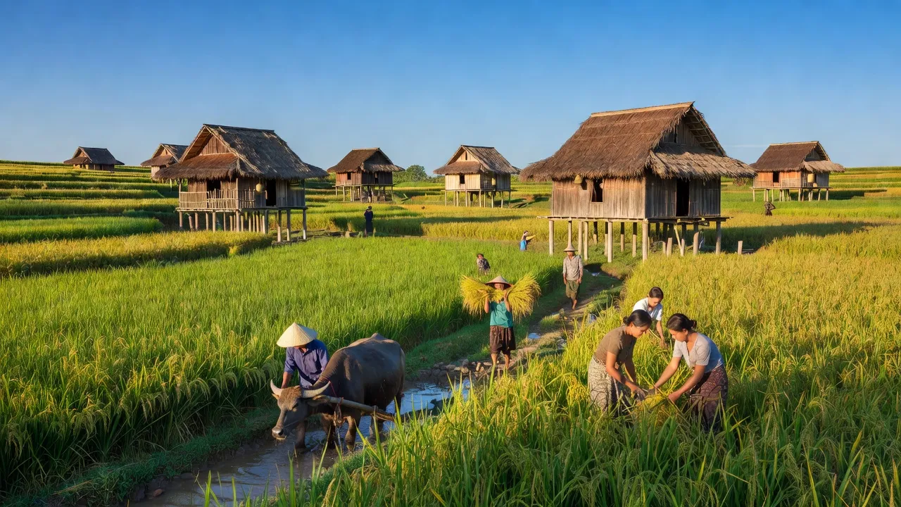 Cảnh làng Glar, huyện Đăk Đoa, tỉnh Gia Lai với cánh đồng xanh, nhà sàn truyền thống và người nông dân.