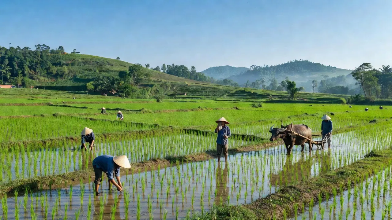Cảnh quan Xã Glar, huyện Đăk Đoa, tỉnh Gia Lai, với nông dân và cảnh đồng xanh.
