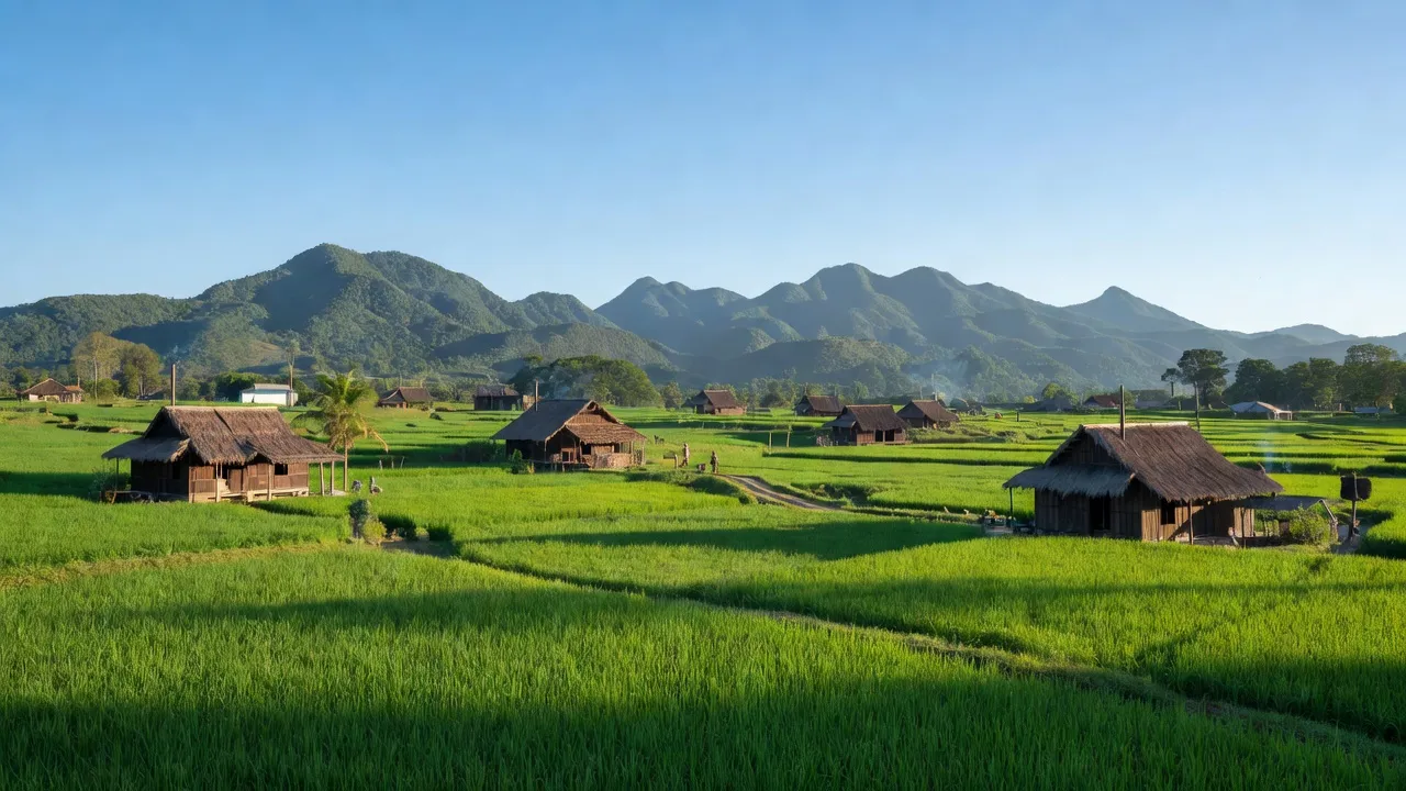 Cảnh quan Yên bình Xã H' Neng, Đăk Đoa, Gia Lai với đồng xanh và ngọn núi.