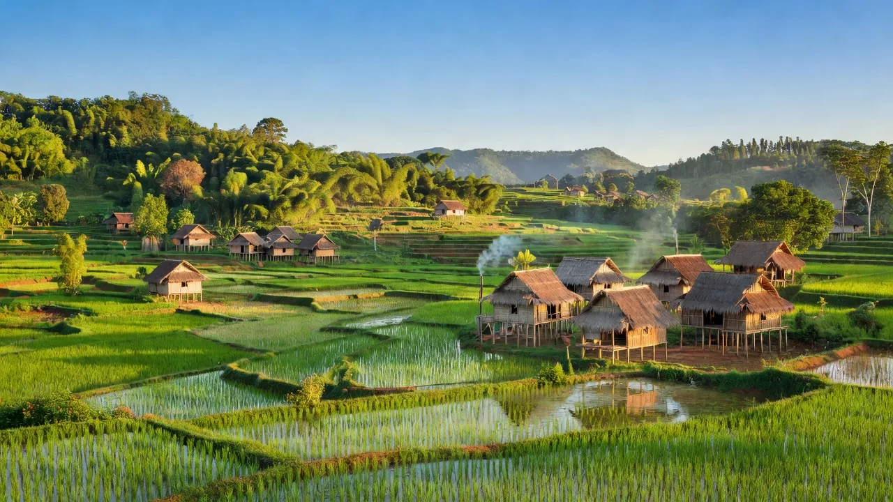 Cảnh đẹp xã Hà Bầu, huyện Đăk Đoa, tỉnh Gia Lai với làng dân tộc thiểu số và cánh đồng xanh.