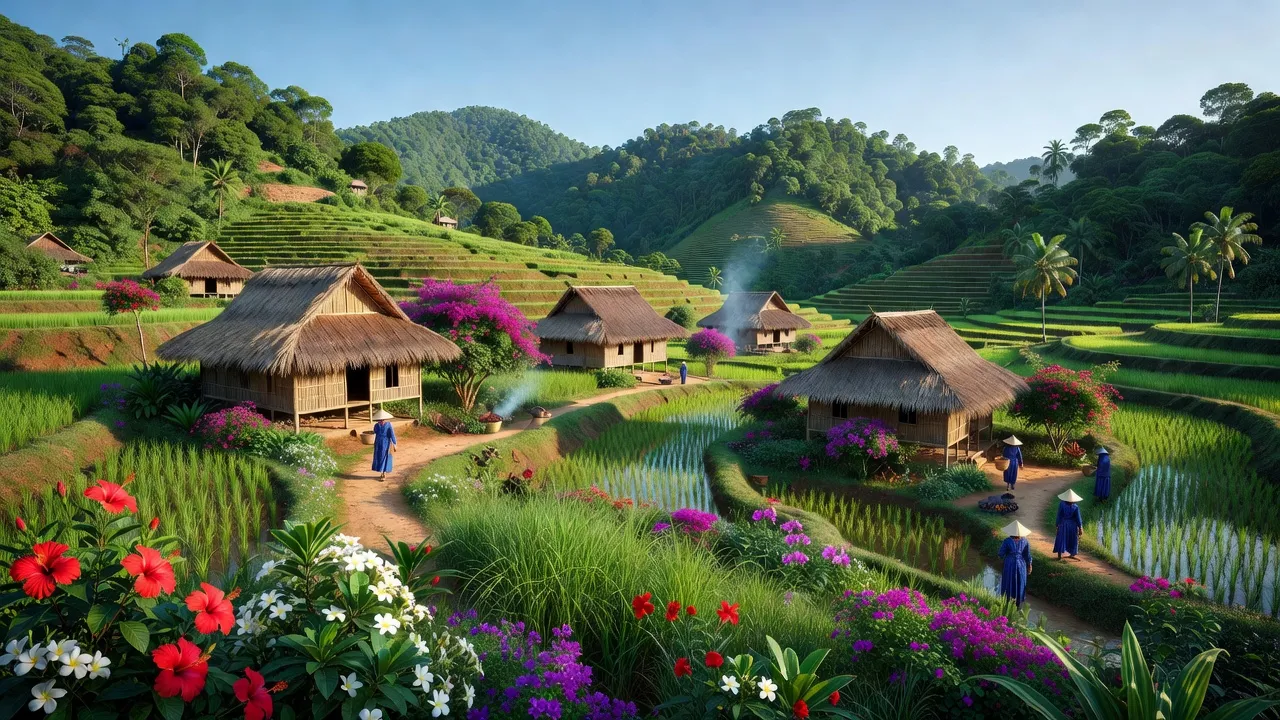 Khung cảnh xã Hà Đông, Đăk Đoa, Gia Lai với nhà Bahnar và thiên nhiên tươi đẹp.