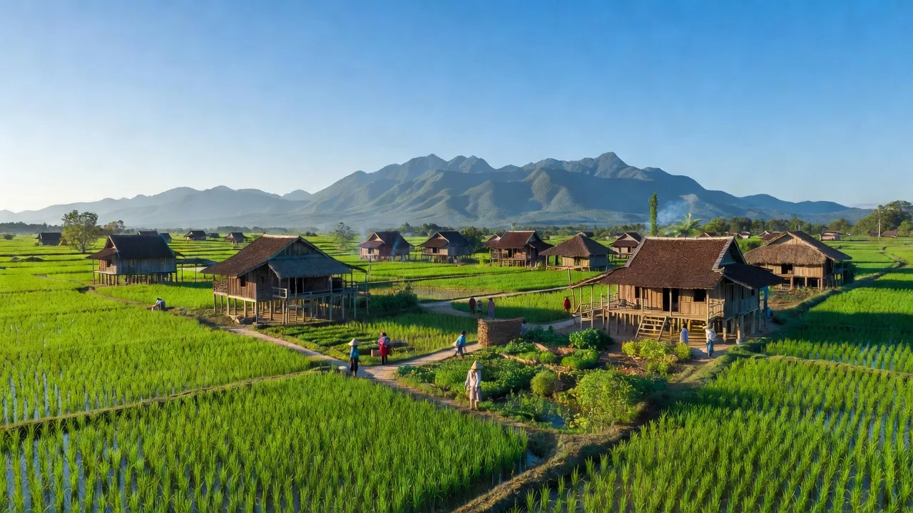 Phong cảnh xã Hải Yang, huyện Đăk Đoa, tỉnh Gia Lai với cánh đồng xanh và núi non hùng vĩ.
