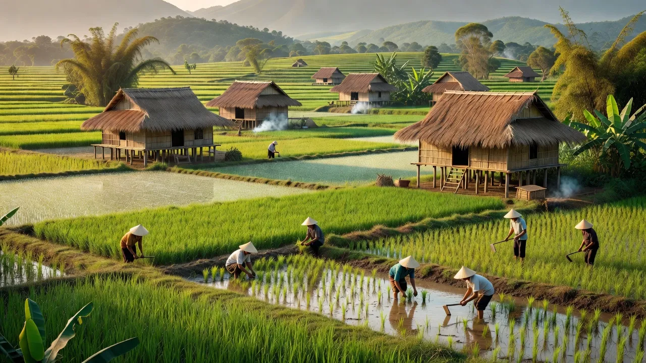Cảnh quan Xã HNol, huyện Đăk Đoa, tỉnh Gia Lai với nhà truyền thống và nông dân chăm sóc ruộng.
