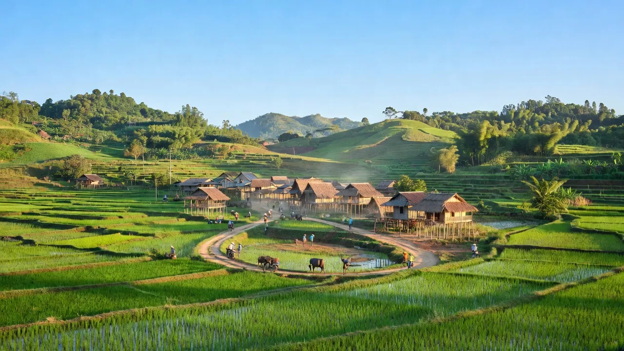 Cảnh quan xã Ia Băng, huyện Đăk Đoa, tỉnh Gia Lai với cánh đồng xanh tươi và đồi núi.