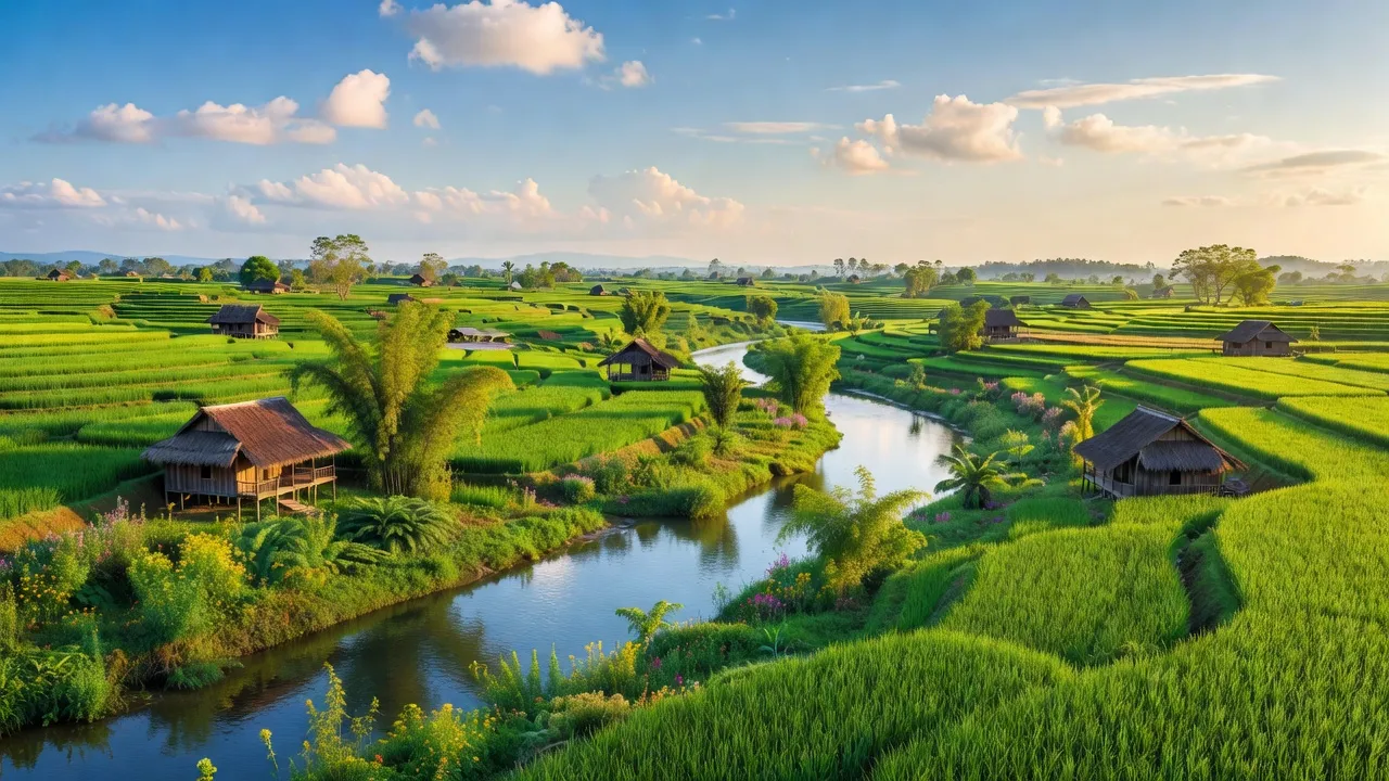 Quang cảnh xã Ia Băng, huyện Đăk Đoa, tỉnh Gia Lai với cánh đồng xanh và dòng sông Ia Pết.