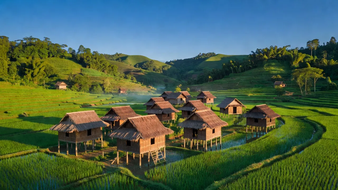 Cảnh đẹp xã Ia Pết, huyện Đăk Đoa, tỉnh Gia Lai với những ngôi nhà sàn và cánh đồng xanh.