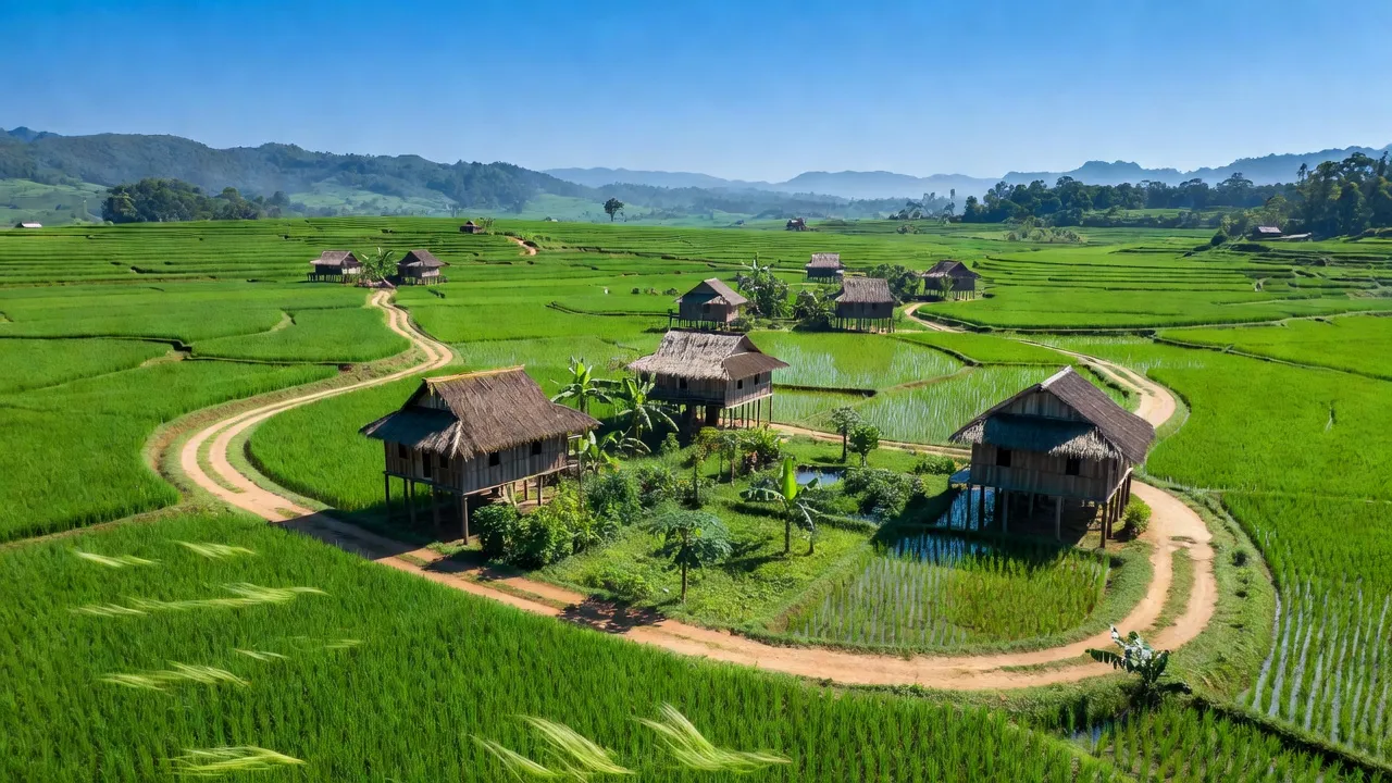 Cảnh quan Xã Nam Yang, huyện Đăk Đoa, tỉnh Gia Lai với cánh đồng xanh và nhà truyền thống.