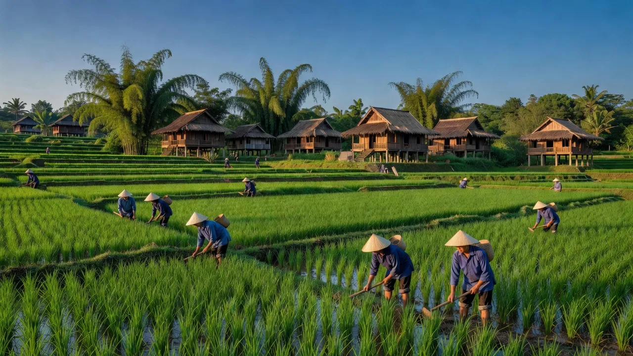 Khung cảnh xã Nam Yang, huyện Đăk Đoa, tỉnh Gia Lai với ruộng xanh và nhà gỗ truyền thống.