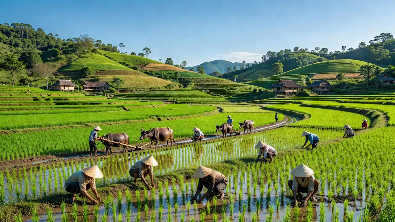 Cảnh đồng xanh tươi của xã Tân Bình, huyện Đăk Đoa, tỉnh Gia Lai với nông dân làm ruộng.