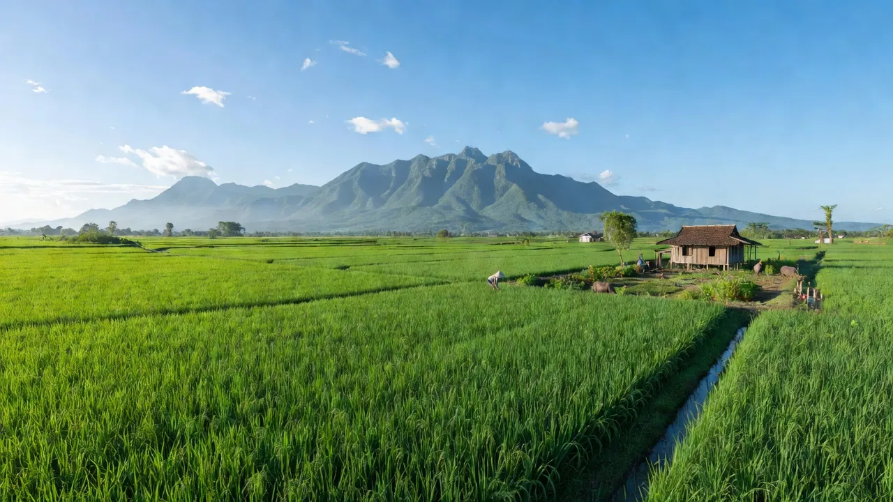 Cảnh sắc nhạc quê Tân Bình, Đăk Đoa, Gia Lai với cánh đồng xanh và đồi núi.