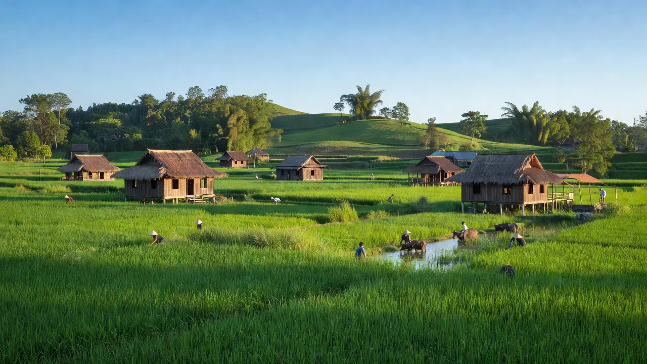 Khung cảnh yên bình tại Xã Trang, huyện Đăk Đoa, Gia Lai với ruộng xanh và nhà gỗ truyền thống.