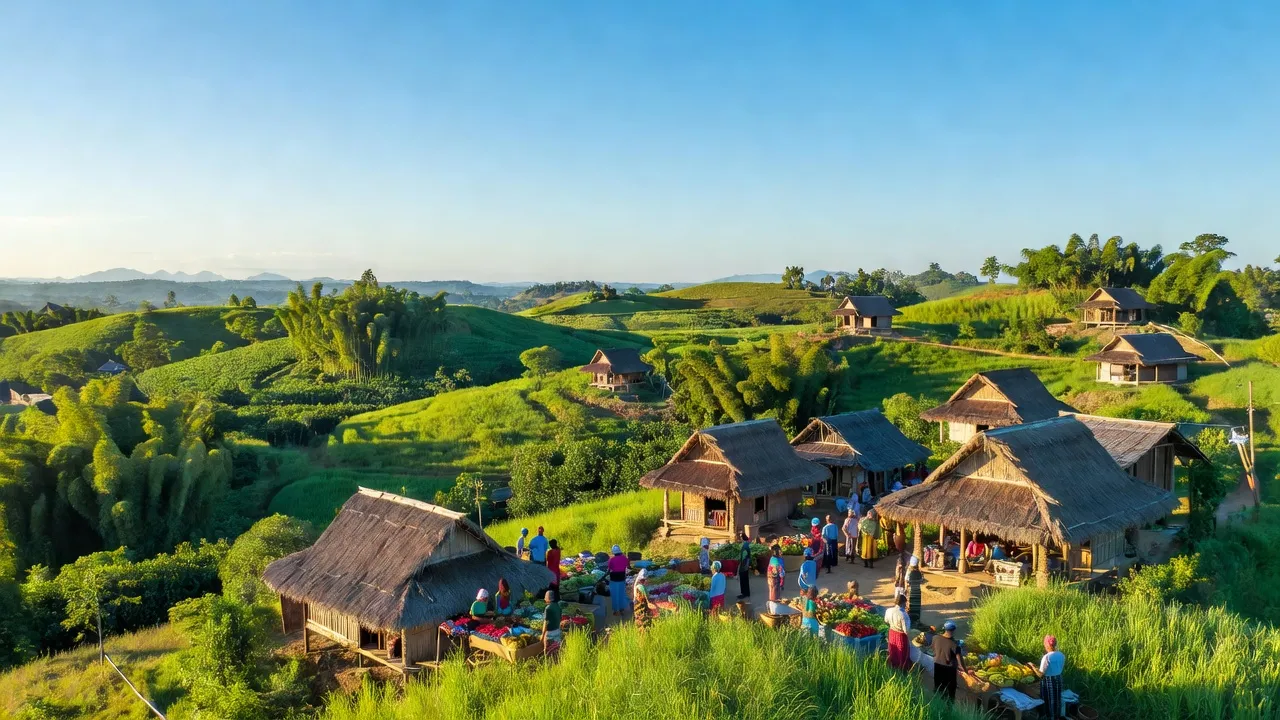Khung cảnh huyện Đăk Pơ, Gia Lai với thiên nhiên tươi đẹp và cuộc sống địa phương sôi động.