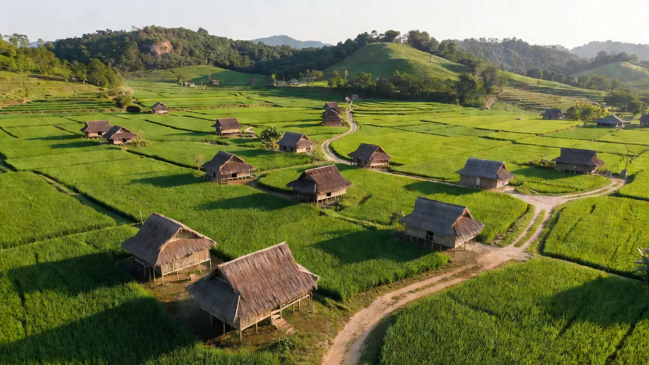 Quang cảnh xã An Thành, huyện Đăk Pơ, tỉnh Gia Lai với cánh đồng xanh và nhà truyền thống.