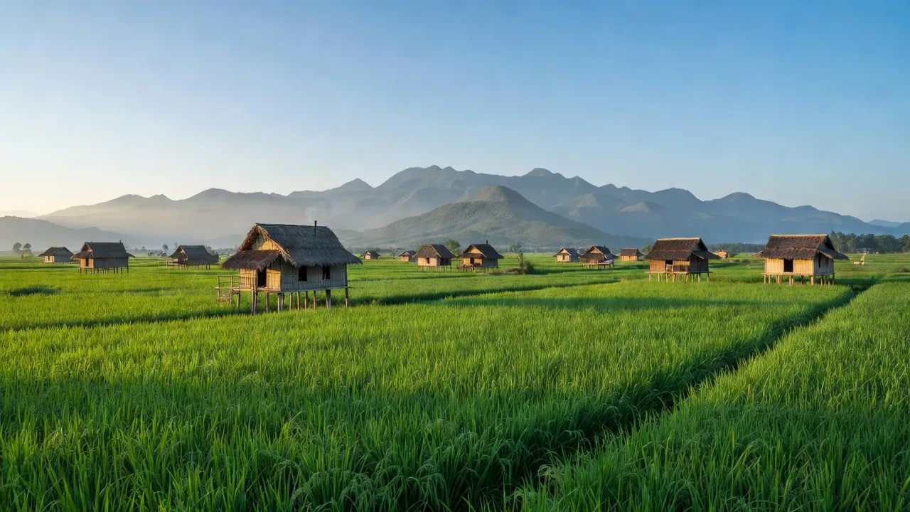 Cảnh quan xã Cư An, huyện Đăk Pơ, tỉnh Gia Lai với cánh đồng xanh và nhà truyền thống.