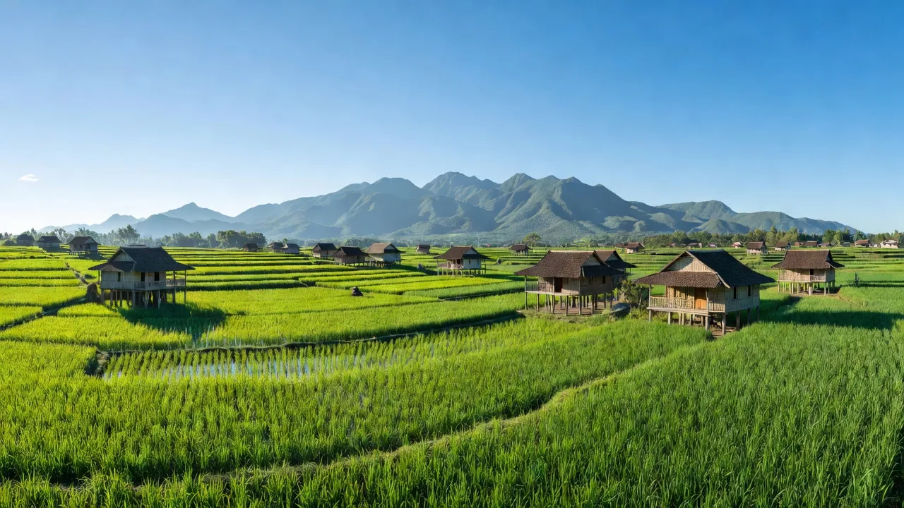 Cảnh sắc xã Cư An, huyện Đăk Pơ, tỉnh Gia Lai với ruộng bậc thang và nhà truyền thống.