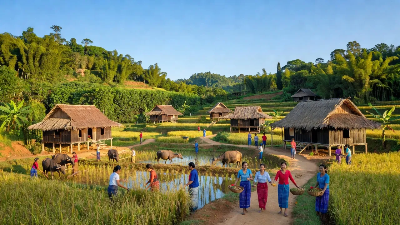 Khung cảnh làng Phú An, huyện Đăk Pơ, tỉnh Gia Lai với nhà truyền thống và thiên nhiên tươi đẹp.