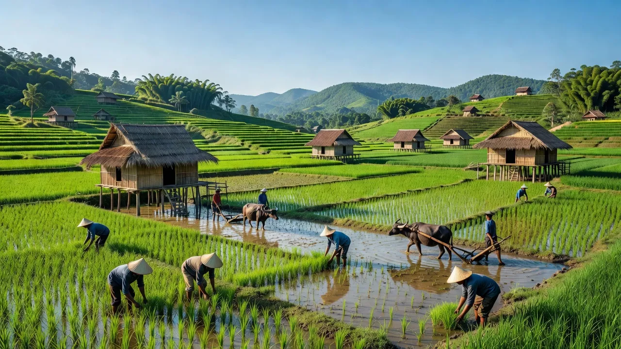 Cảnh quan nông thôn tại xã Tân An, huyện Đăk Pơ, tỉnh Gia Lai với cánh đồng xanh tươi.