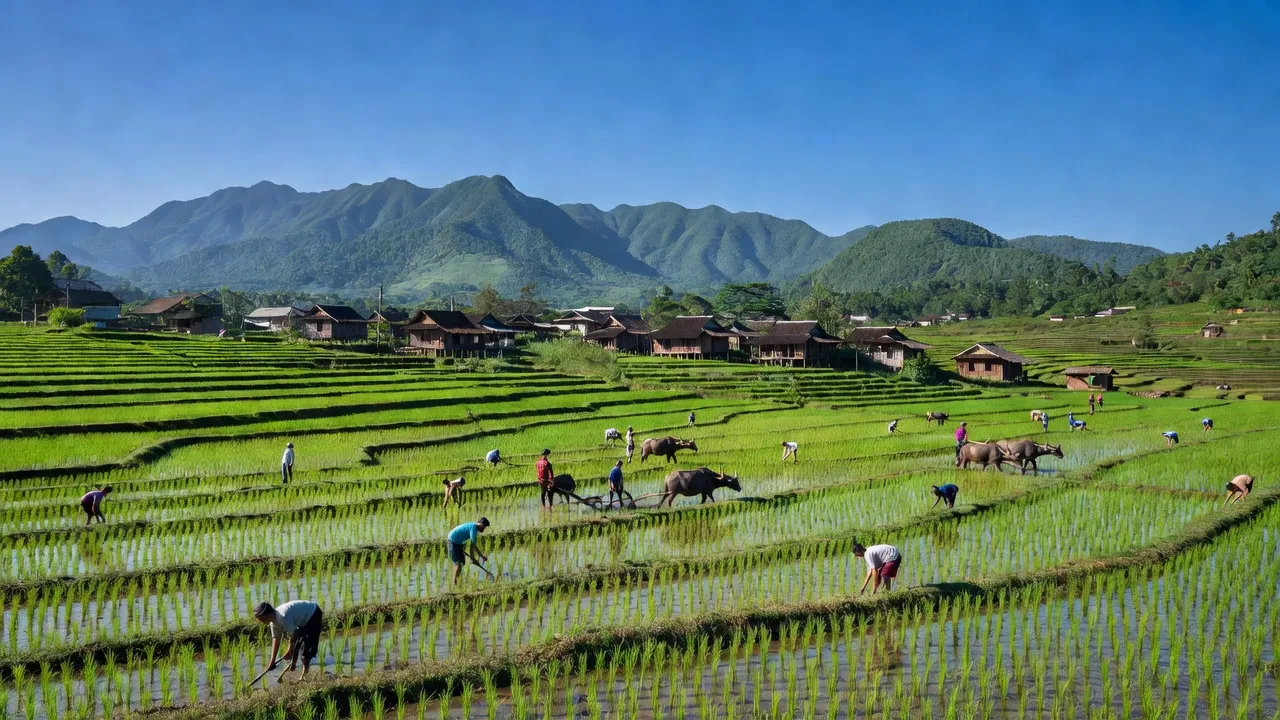 Khung cảnh làng Tân An, huyện Đăk Pơ, tỉnh Gia Lai với cánh đồng xanh và nhà truyền thống.