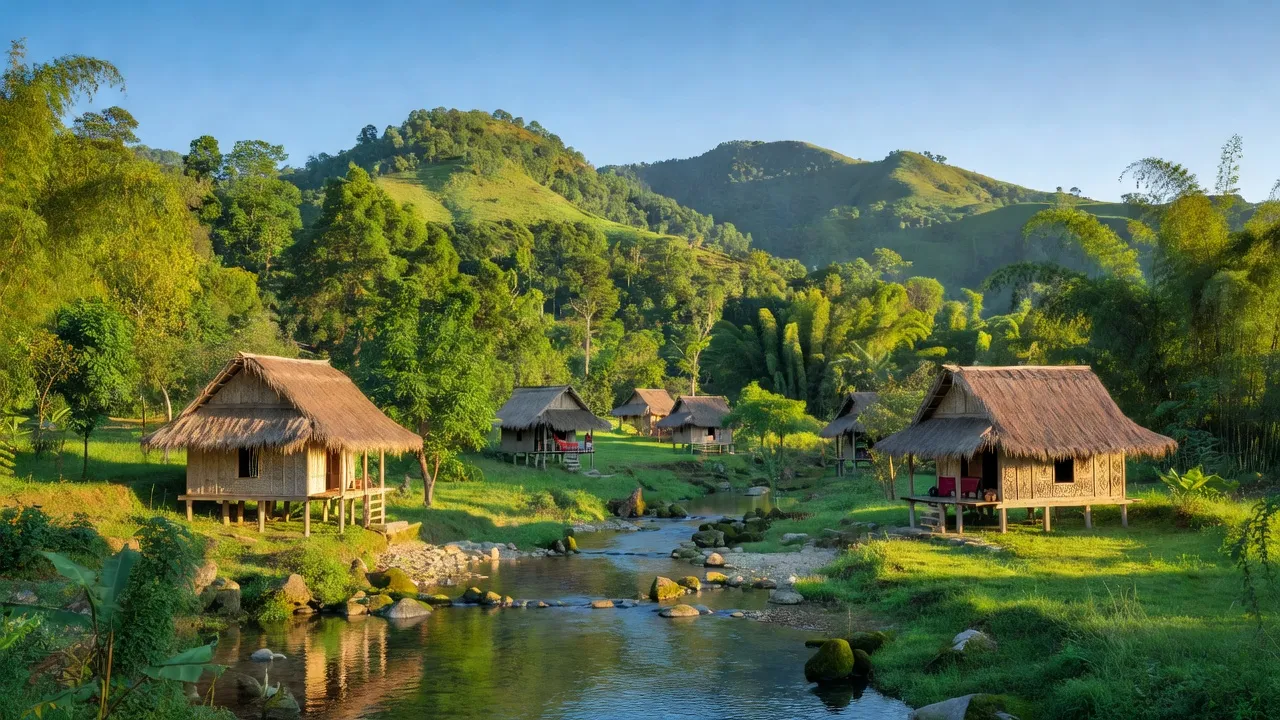 Cảnh đẹp xã Ya Hội huyện Đăk Pơ, tỉnh Gia Lai với núi non xanh tươi và dòng suối yên bình.