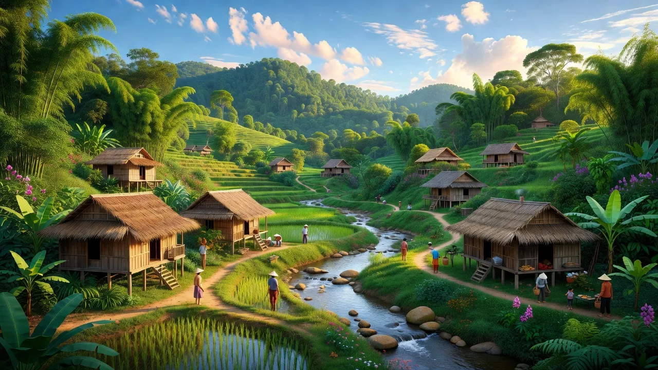 Khung cảnh xã Ya Hội, huyện Đăk Pơ, tỉnh Gia Lai với núi xanh và dòng suối trong lành.