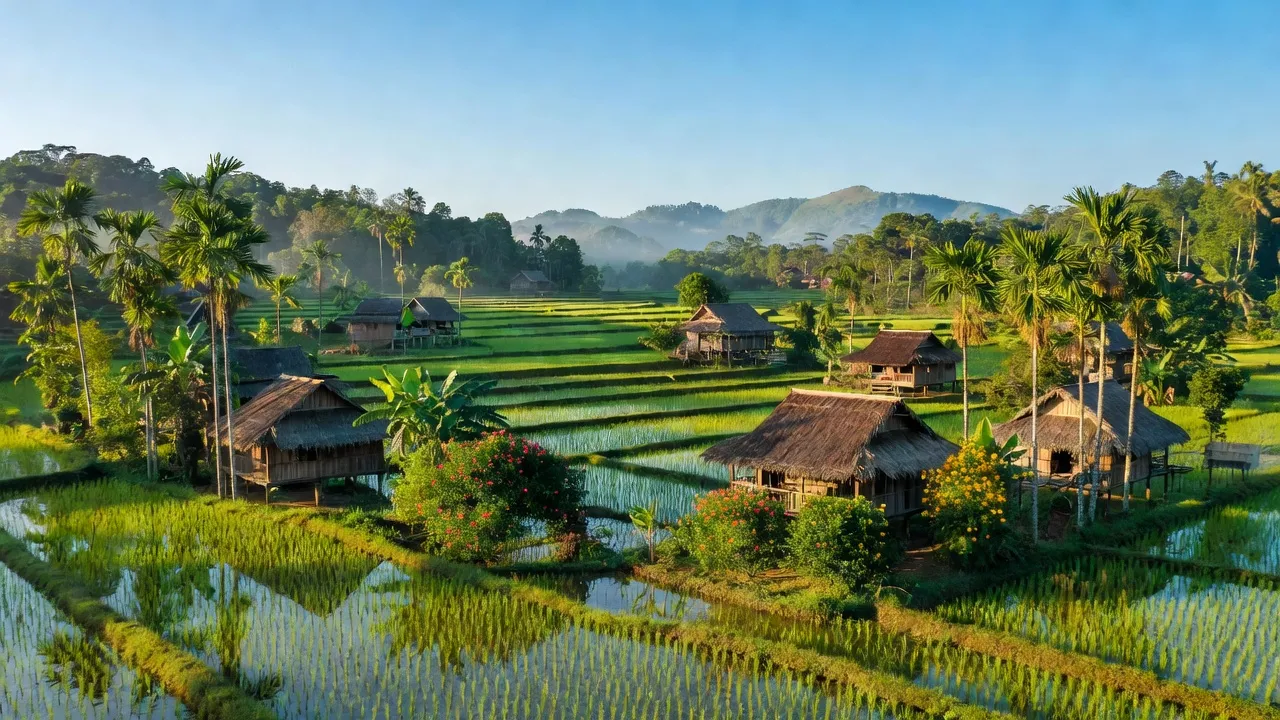 Cảnh quan Xã Yang Bắc, huyện Đăk Pơ, Gia Lai với ruộng lúa xanh và nhà gỗ truyền thống.