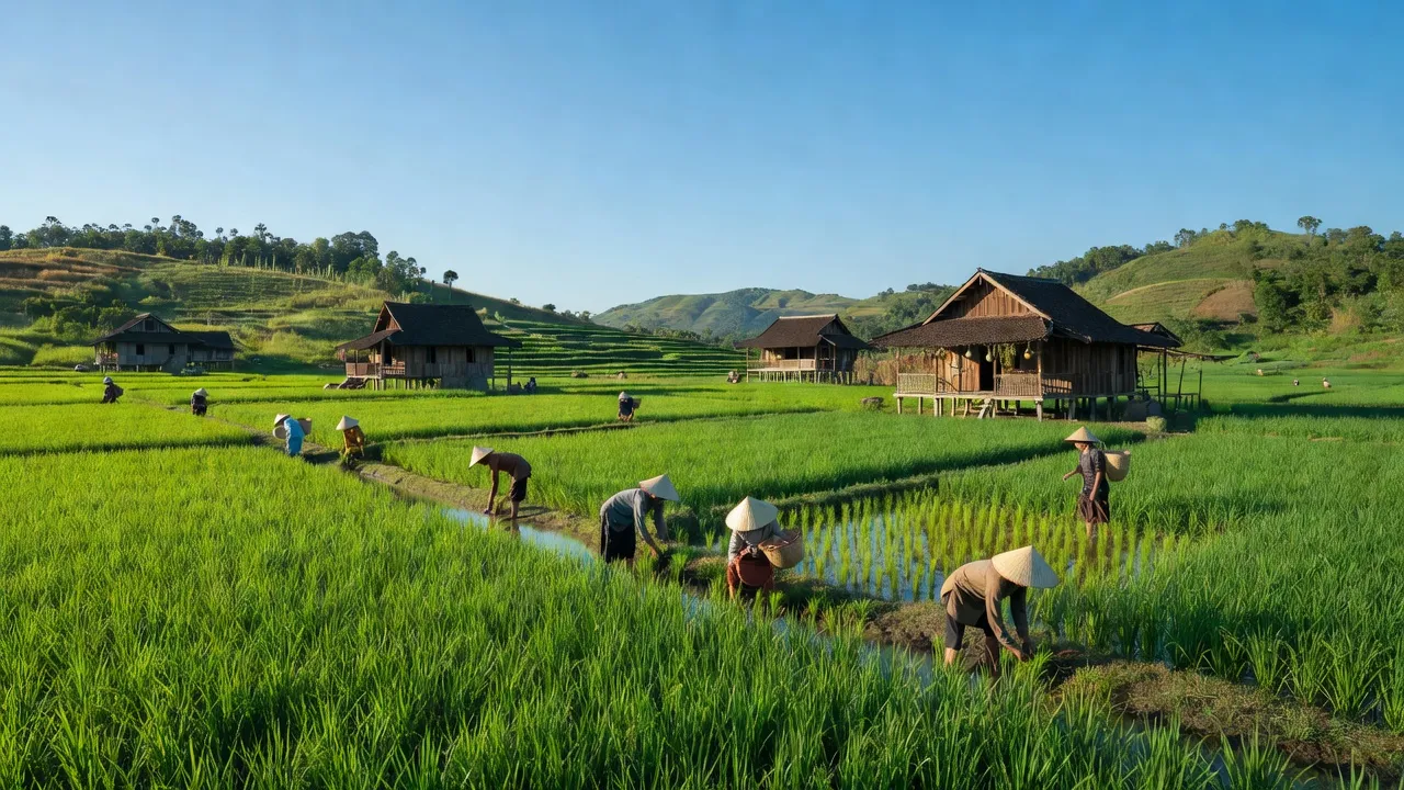 Khung cảnh yên bình Xã Ia Din, huyện Đức Cơ, tỉnh Gia Lai với cánh đồng xanh và nhà truyền thống.