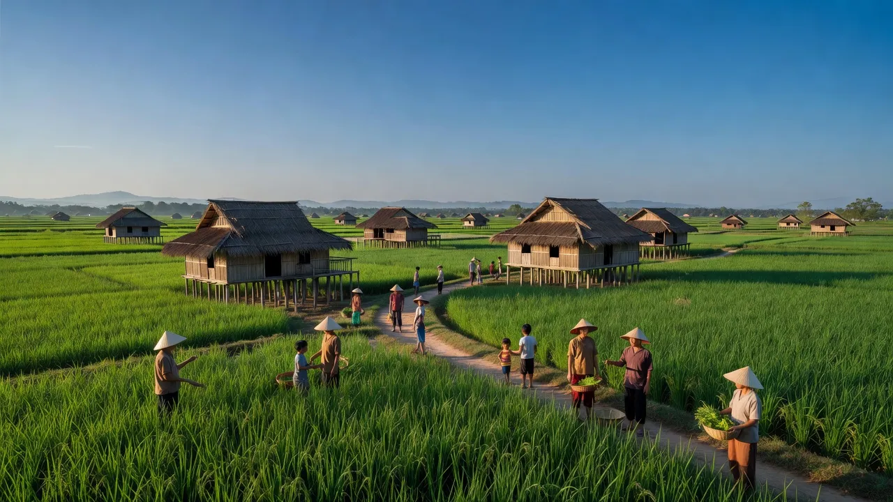 Khung cảnh yên bình xã Ia Din, huyện Đức Cơ, tỉnh Gia Lai với nhà truyền thống và cánh đồng xanh.