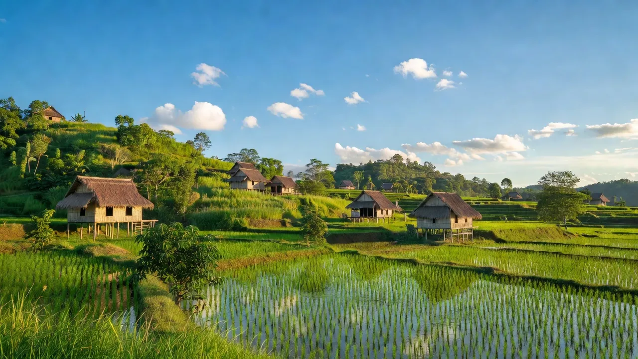Khung cảnh xã Ia Dơk, huyện Đức Cơ, tỉnh Gia Lai với ruộng lúa và nhà truyền thống.