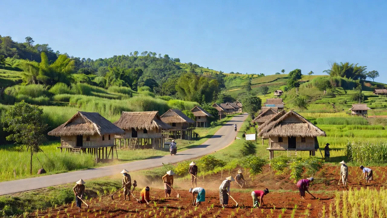 Quang cảnh xã Ia Kriêng, huyện Đức Cơ, tỉnh Gia Lai với đường tỉnh T2, nhà truyền thống và cánh đồng xanh.