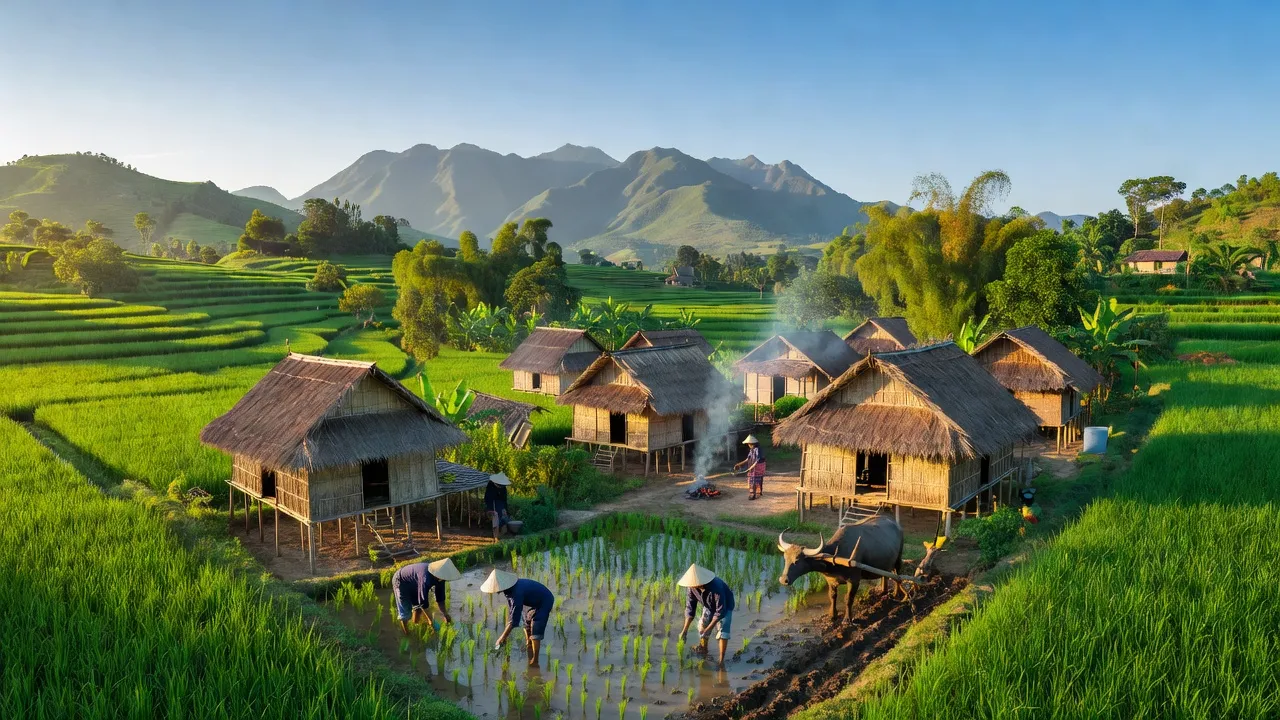 Cảnh đẹp xã Ia Lang, huyện Đức Cơ, tỉnh Gia Lai với nhà truyền thống và cảnh quan xanh tươi.