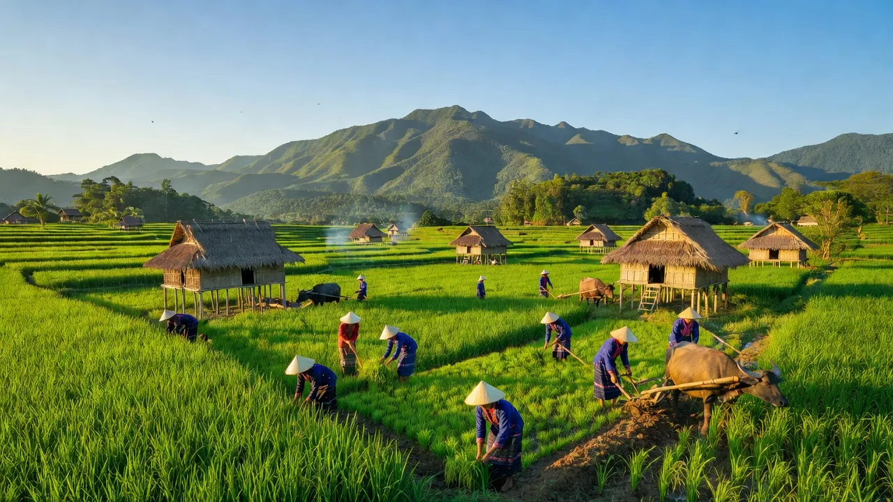 Khung cảnh xã Ia Lang, huyện Đức Cơ, tỉnh Gia Lai với những cánh đồng xanh và nhà truyền thống.