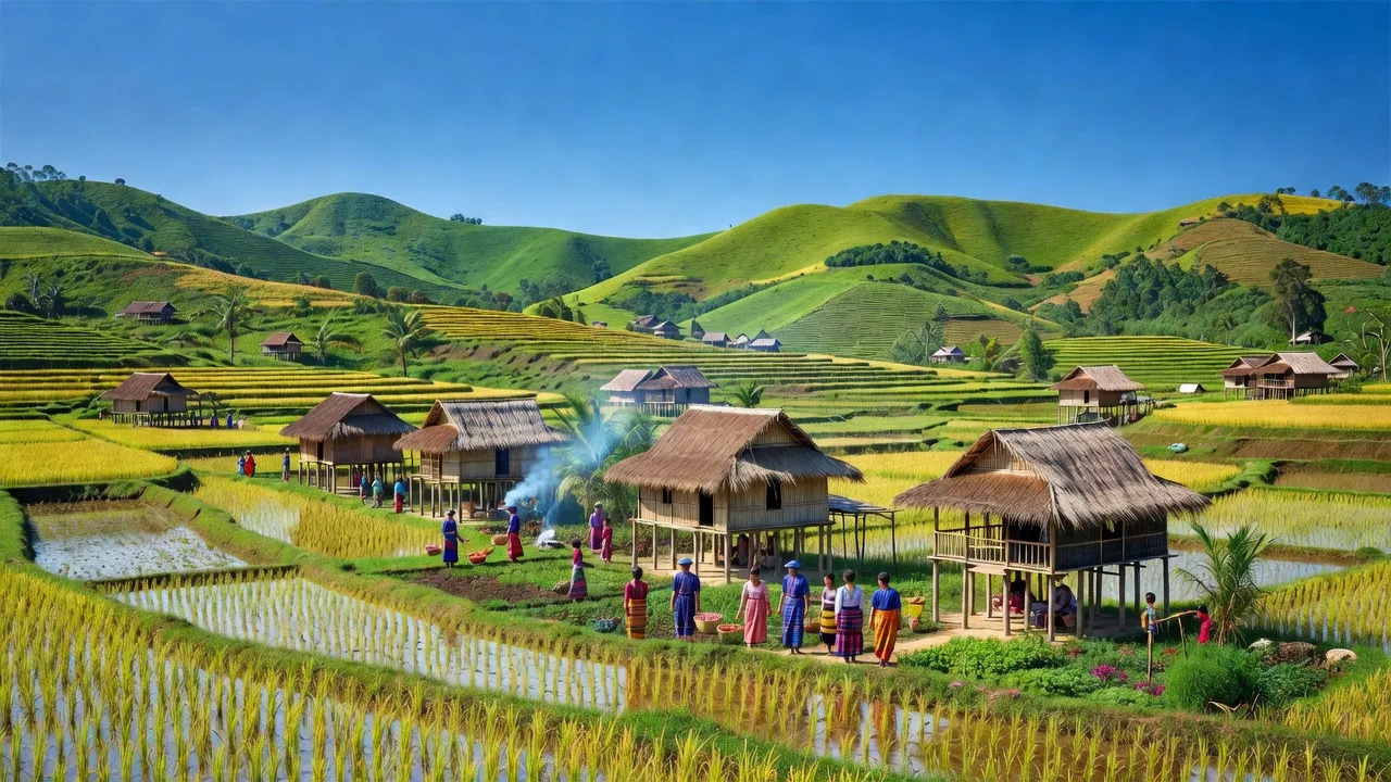 Khung cảnh thiên nhiên đẹp tại xã Ia Nan, Huyện Đức Cơ, Tỉnh Gia Lai với cánh đồng xanh.