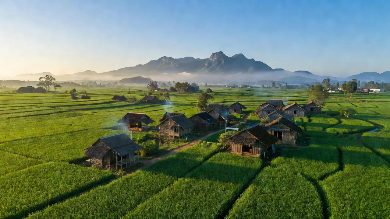 Cảnh đẹp xã Ia Pnôn, huyện Đức Cơ, tỉnh Gia Lai với ruộng xanh và núi non background.