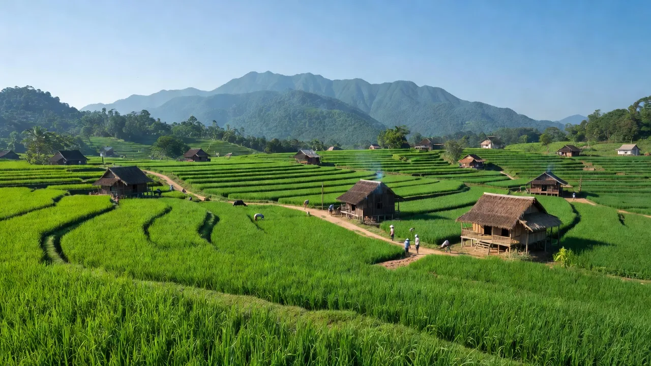 Khung cảnh xanh tươi của xã Ia Pnôn, huyện Đức Cơ, với đồng ruộng và nhà cửa địa phương.